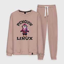 Костюм хлопковый мужской Система линукс пингвин в кимоно, цвет: пыльно-розовый