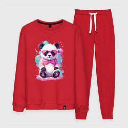 Костюм хлопковый мужской Милая панда в розовых очках и бантике, цвет: красный