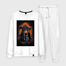 Костюм хлопковый мужской Скелет сатаны едет на старом мотоцикле, цвет: белый