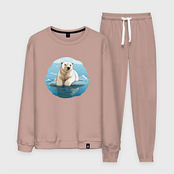 Костюм хлопковый мужской Задумчивый белый медведь на льдине, цвет: пыльно-розовый