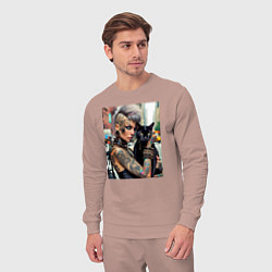 Костюм хлопковый мужской Девчонка панк в татухах с чёрным котом - нейросеть, цвет: пыльно-розовый — фото 2