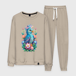 Костюм хлопковый мужской Голубая птица среди цветов, цвет: миндальный