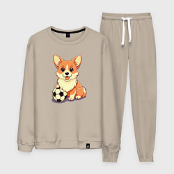 Костюм хлопковый мужской Корги с мячом, цвет: миндальный