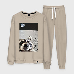 Костюм хлопковый мужской Енот на луне делает селфи, цвет: миндальный