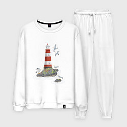 Костюм хлопковый мужской Маяк и чайки на берегу моря, цвет: белый