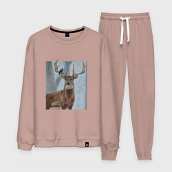 Костюм хлопковый мужской Олень и птица живопись, цвет: пыльно-розовый