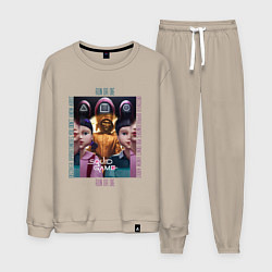 Костюм хлопковый мужской Игра в кальмара на фоне кукол роботов, цвет: миндальный