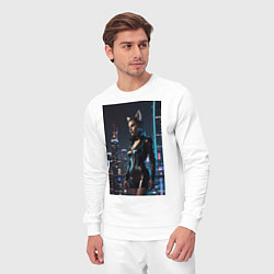 Костюм хлопковый мужской Девушка с кошачьими ушами стоит на фоне небоскребо, цвет: белый — фото 2