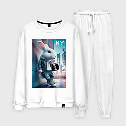 Костюм хлопковый мужской Зайчик скейтбордист в Нью-Йорке - нейроарт, цвет: белый