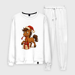 Костюм хлопковый мужской Лошадка распаковывает подарок, цвет: белый