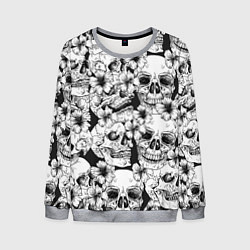 Свитшот мужской Чёрно белые черепа и маки, цвет: 3D-меланж