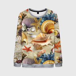 Свитшот мужской Морские раковины, кораллы, морские звёзды на песке, цвет: 3D-меланж