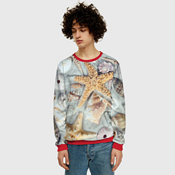Свитшот мужской Морские звёзды и ракушки на океанском песке, цвет: 3D-красный — фото 2