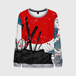 Свитшот мужской Солнце, волны и катаны, цвет: 3D-меланж