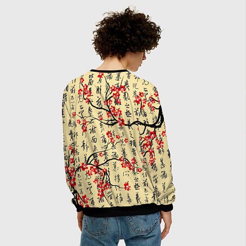 Мужской свитшот Иероглифы и сакура / 3D-Черный – фото 4