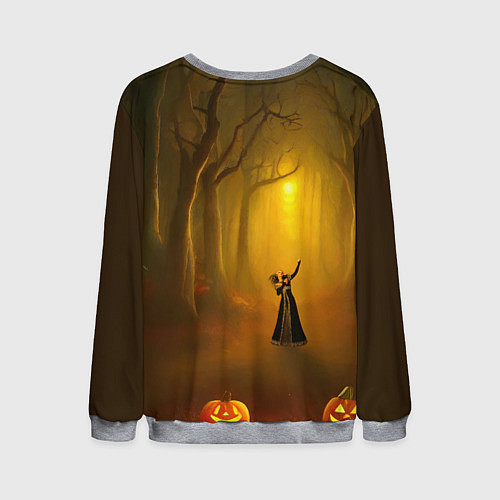 Мужской свитшот Ведьма в черном платье в заколдованном лесу с тыкв / 3D-Меланж – фото 2