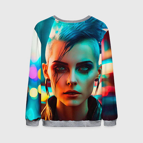 Мужской свитшот Нейросеть - девушка в стиле киберпанк / 3D-Меланж – фото 2