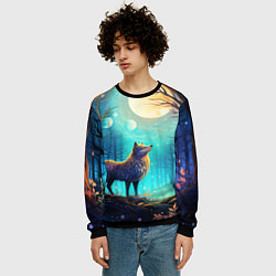 Свитшот мужской Волк в ночном лесу в folk art стиле, цвет: 3D-черный — фото 2