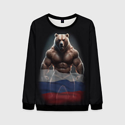 Свитшот мужской Патриотичный медведь с российским флагом, цвет: 3D-черный