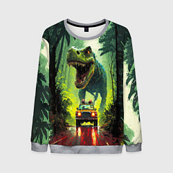Свитшот мужской Динозавр в погоне за машиной в джунглях, цвет: 3D-меланж