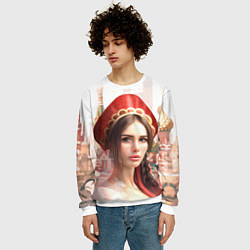 Свитшот мужской Девушка в кокошнике с косой - кремль, цвет: 3D-белый — фото 2