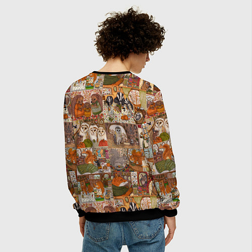 Мужской свитшот Коллаж из сказочных зверей - совы, белки, ёжики / 3D-Черный – фото 4