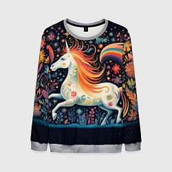 Свитшот мужской Радужная лошадка в стиле фолк-арт, цвет: 3D-меланж