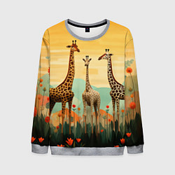 Свитшот мужской Три жирафа в стиле фолк-арт, цвет: 3D-меланж
