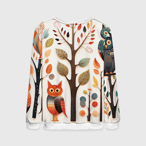 Мужской свитшот Совы в осеннем лесу в стиле фолк-арт / 3D-Белый – фото 2