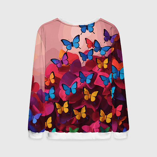 Мужской свитшот Разноцветные бабочки - розовые цветы / 3D-Белый – фото 2