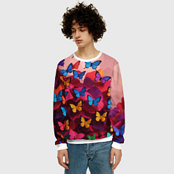 Свитшот мужской Разноцветные бабочки - розовые цветы, цвет: 3D-белый — фото 2