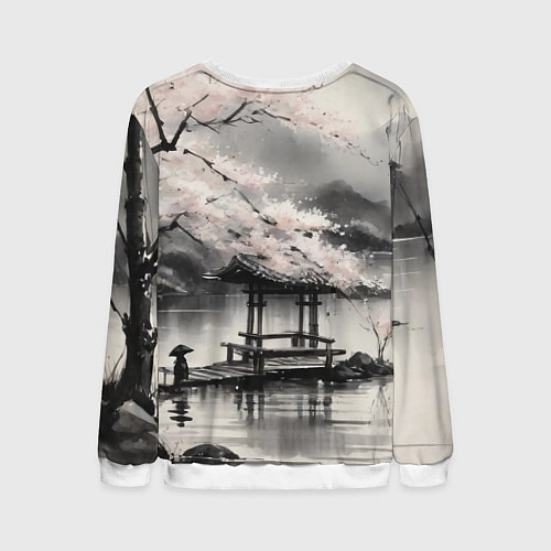 Мужской свитшот Пейзаж японское озеро / 3D-Белый – фото 2