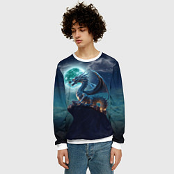 Свитшот мужской Дракон на скале на фоне луны, цвет: 3D-белый — фото 2