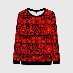 Свитшот мужской Хохломская роспись красные цветы и ягоды на чёрном, цвет: 3D-черный