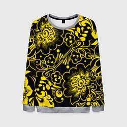 Свитшот мужской Хохломская роспись золотые цветы на чёроном фоне, цвет: 3D-меланж