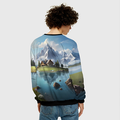Мужской свитшот Чудесный день на берегу озера в горах / 3D-Черный – фото 4
