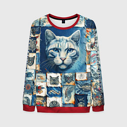 Свитшот мужской Кошка на дениме - пэчворк, цвет: 3D-красный