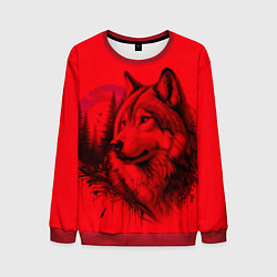 Свитшот мужской Рисунок волка на красном, цвет: 3D-красный