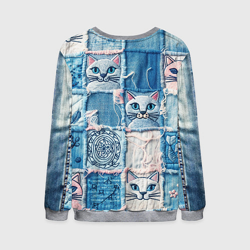 Мужской свитшот Кошки на пэчворк джинсах паттерн / 3D-Меланж – фото 2