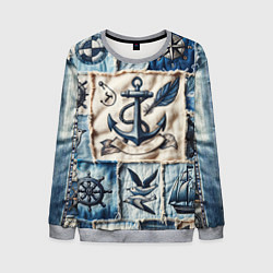 Свитшот мужской Пэчворк с якорем - джинсовка моряка, цвет: 3D-меланж