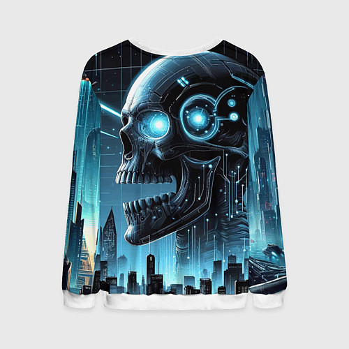 Мужской свитшот Cyberpunk skull - metropolis neon glow / 3D-Белый – фото 2