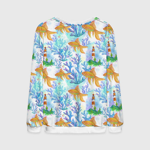 Мужской свитшот Золотая рыбка и кораллы акварельные / 3D-Белый – фото 2