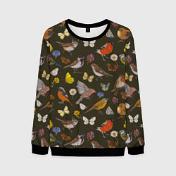 Свитшот мужской Птицы и бабочки с цветами паттерн, цвет: 3D-черный