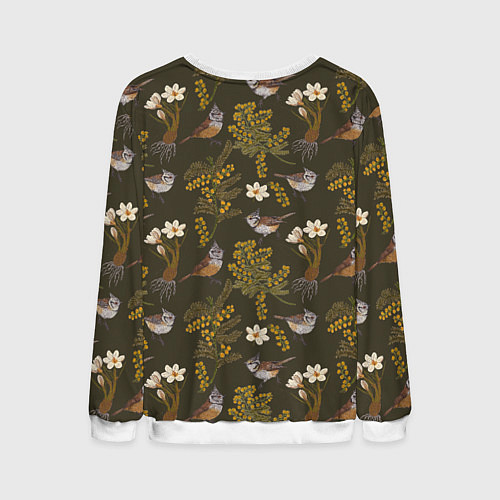 Мужской свитшот Хохлатые синицы и мимоза паттерн / 3D-Белый – фото 2