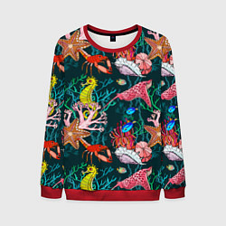 Свитшот мужской Морская жизнь под водой - паттерн с звёздами и кон, цвет: 3D-красный