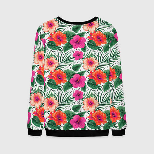 Мужской свитшот Цветы гибискуса и листья мальмы летний тропический / 3D-Черный – фото 2