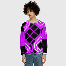 Свитшот мужской Чёрные квадраты и белые полосы на фиолетовом фоне, цвет: 3D-меланж — фото 2