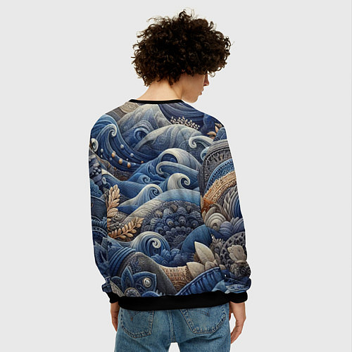 Мужской свитшот Джинсовые волны - нейросеть / 3D-Черный – фото 4