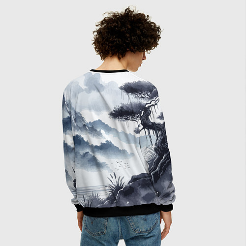 Мужской свитшот Японский пейзаж - нейросеть / 3D-Черный – фото 4