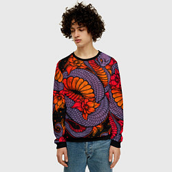 Свитшот мужской Цветы и змея - Японский стиль, цвет: 3D-черный — фото 2